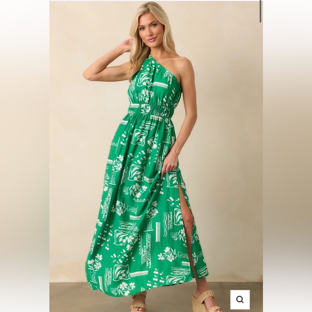 NWT S Red Dress Green One-Shoulder Maxi Dress